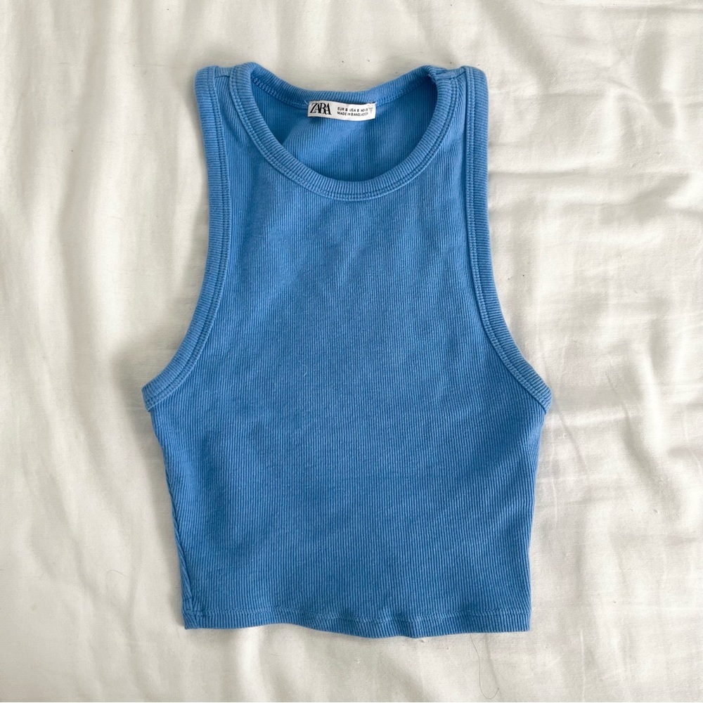 Blue Zara High Neck Cropped Tank Top
